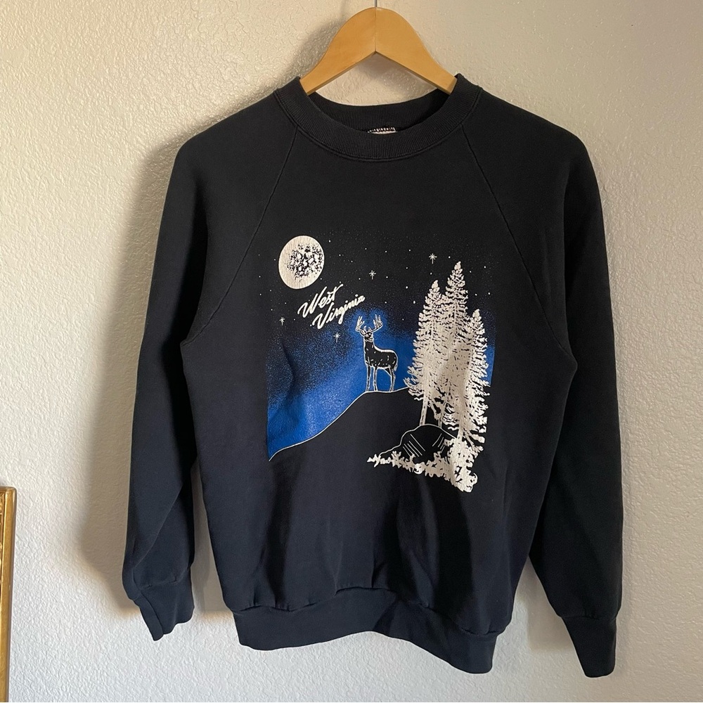 Vintage West Virginia Elk Moon Forest Crewneck Fruit Of The Loom Sweatshirt M